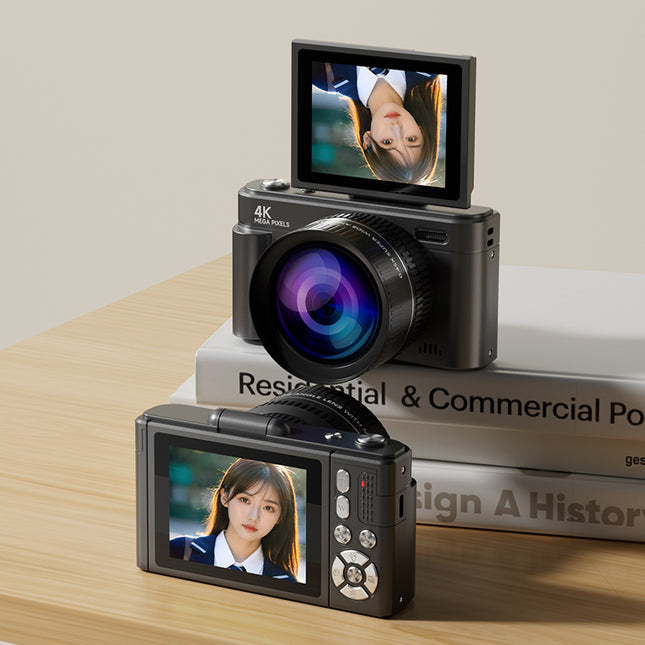 V5 model is a handheld DSLR camera for travel, featuring a high-definition 4K flip screen, manual focus, image stabilization, a brand-new CMOS digital sensor, and a large lens.