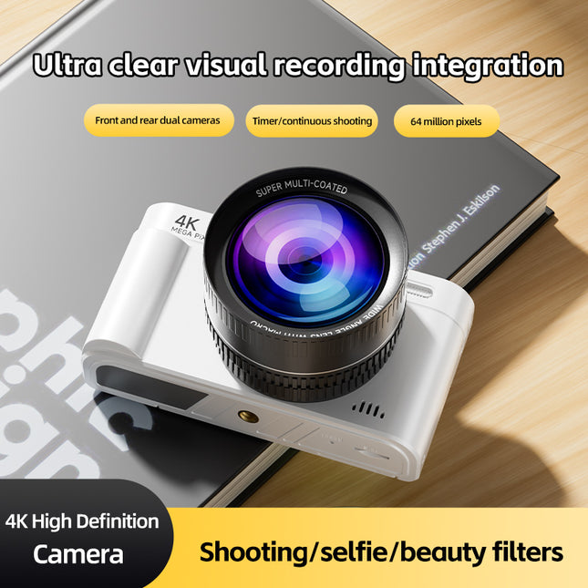 V5 model is a handheld DSLR camera for travel, featuring a high-definition 4K flip screen, manual focus, image stabilization, a brand-new CMOS digital sensor, and a large lens.