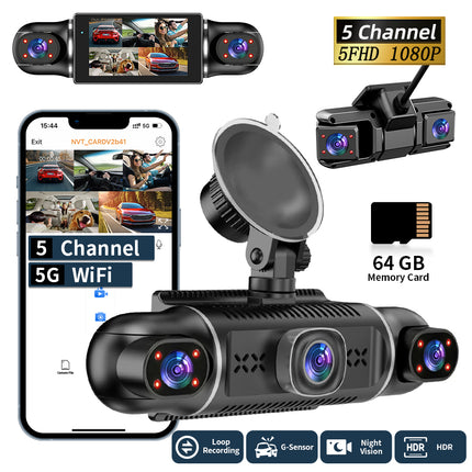 W5 Model 3-Inch HD 1080P IPS Screen Dash Cam 360° 360-degree WiFi Car Mount Video Recorder for In-Car Outdoor Front Rear Left Recording