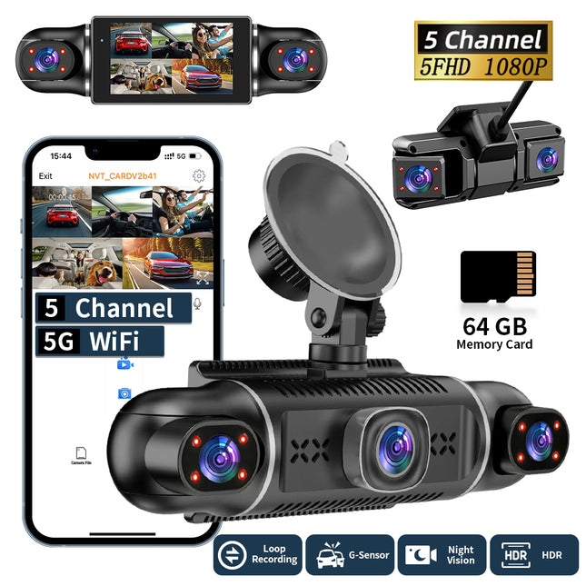 W5 Model 3-Inch HD 1080P IPS Screen Dash Cam 360° 360-degree WiFi Car Mount Video Recorder for In-Car Outdoor Front Rear Left Recording