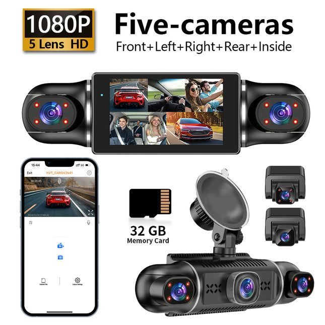 W5 Model 3-Inch HD 1080P IPS Screen Dash Cam 360° 360-degree WiFi Car Mount Video Recorder for In-Car Outdoor Front Rear Left Recording