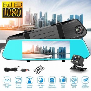 7 inch touch screen dual lens camera night vision rearview mirror dash cam